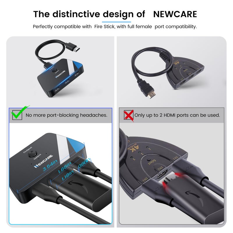 Newcare [Upgrade] HDMI Switch 3 in 1 Out, 4K@60Hz HDMI 2.0 Switch Splitter with 2.6FT Long HDMI Cable, 3-Port HDMI Switcher Selector, Supports 4K 30Hz 3D 1080P HDCP2.2 for PS5 Xbox DVD Player Fire Stick PC - Image 5